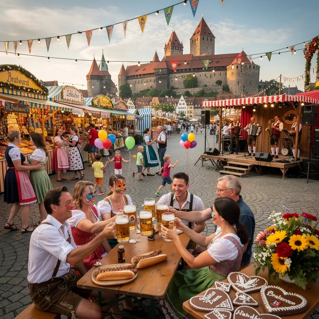 Ein idyllischer Fluss, der durch eine lebendige Stadt fließt, mit bunten Häusern am Ufer.
